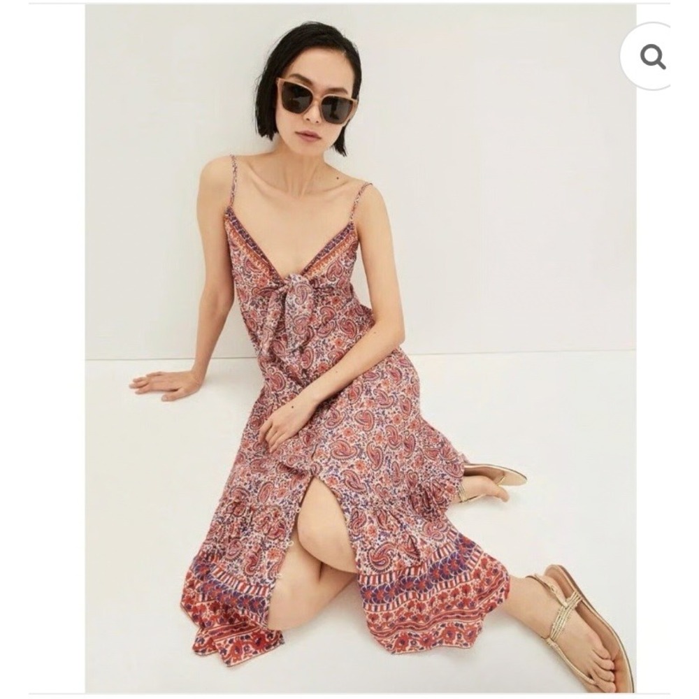 Veronica Beard Abilene Paisley Midi Dress Tie Watermelon Blue Seersucker, M
